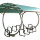 Circular bike shelter with a transparent roof and bike stands on a white background
