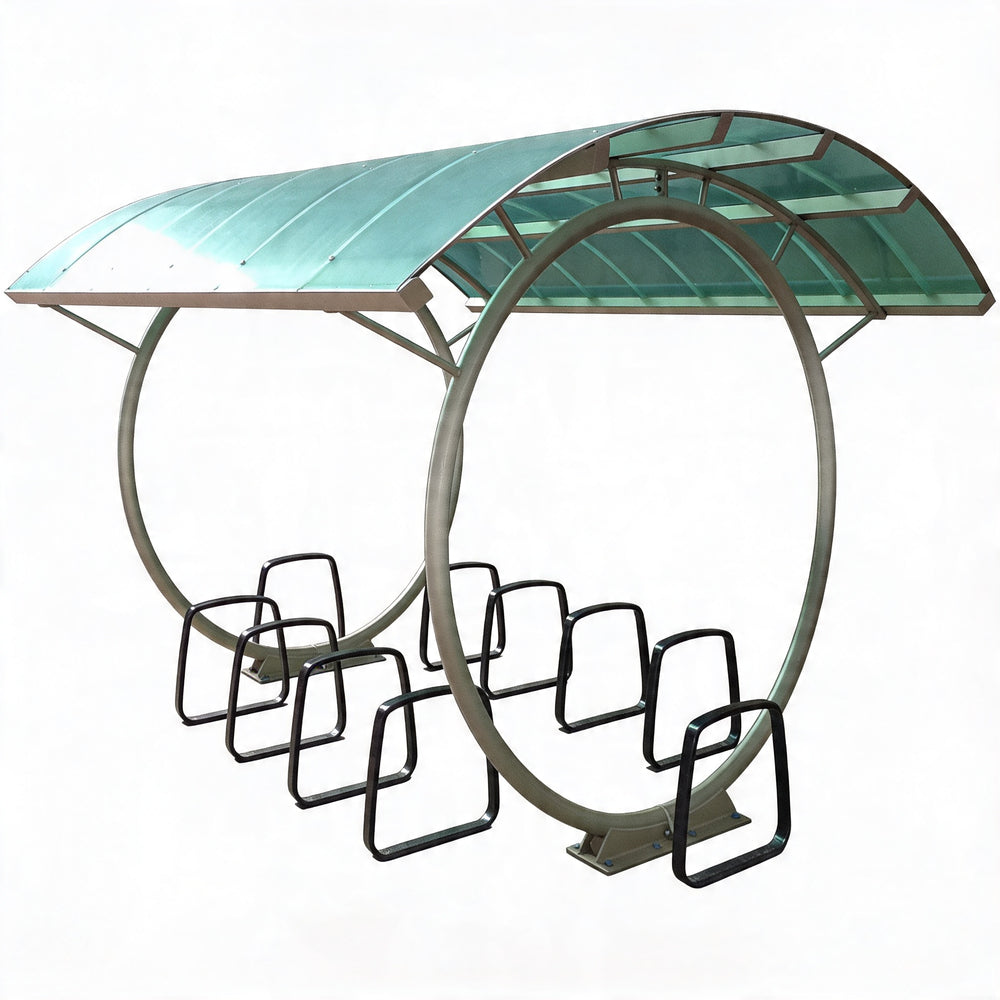 Outdoor canopy with circular seating area on a white background