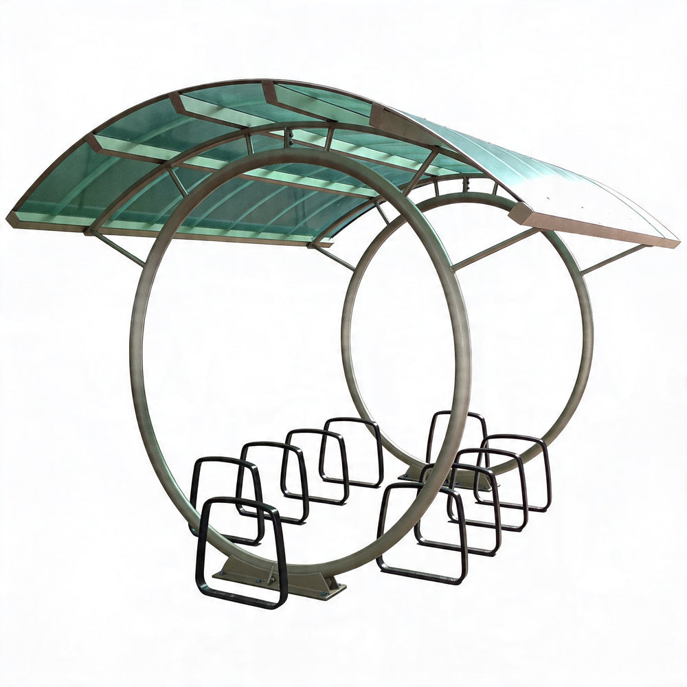 Circular outdoor shelter with green roof and metal chairs on a white background