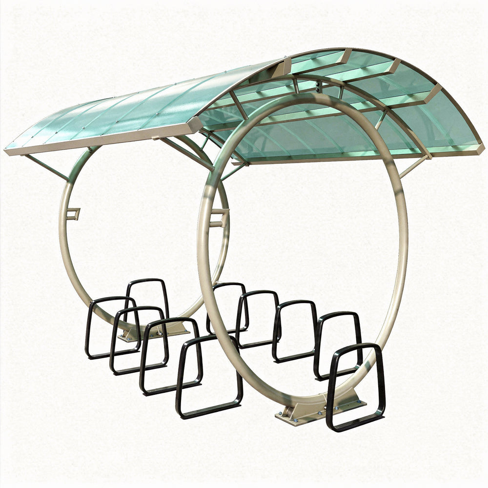 Outdoor seating area with curved glass roof and metal chairs on a white background