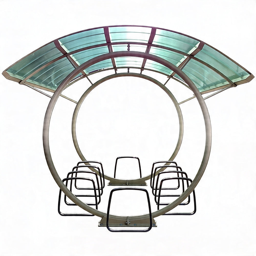 Decorative outdoor canopy with curved glass top and metal frame on a white background