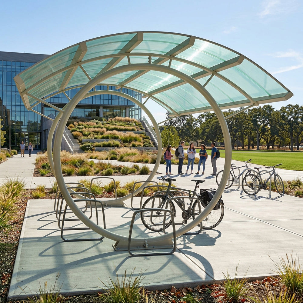 Modern outdoor seating area with a curved glass canopy and people in the background
