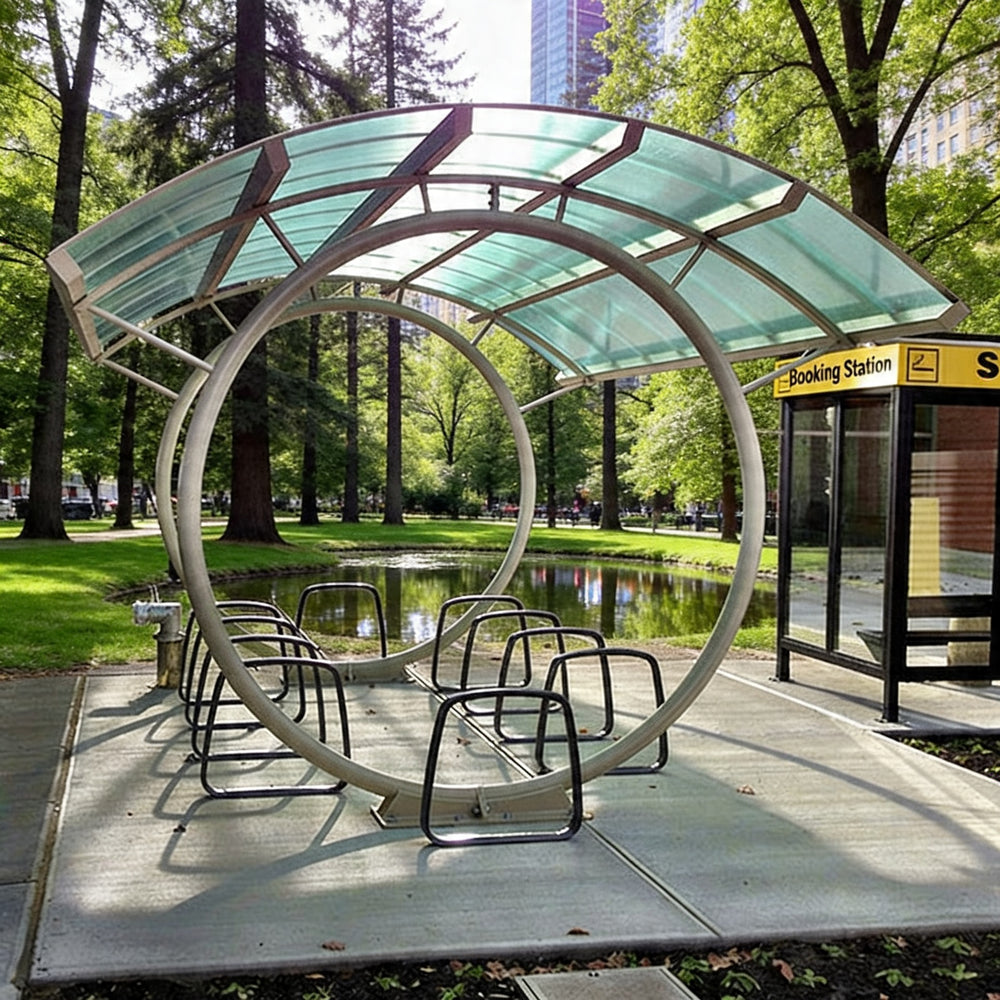 Modern circular seating area with a transparent roof in a park setting.