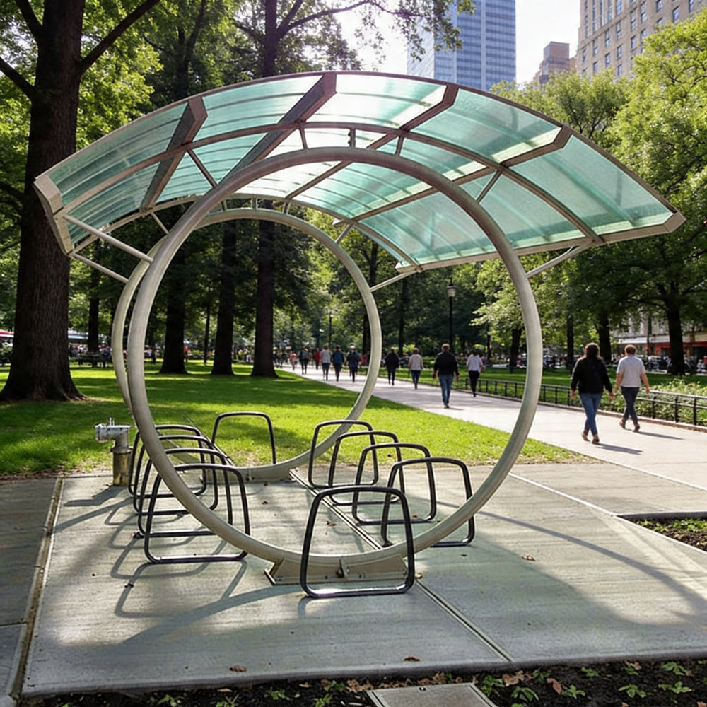 Modern outdoor seating area with a curved glass roof in a park setting.