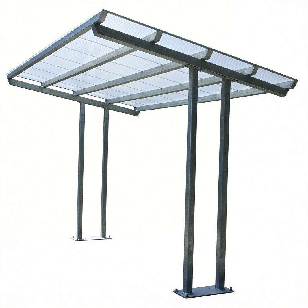 Metal carport structure on a white background