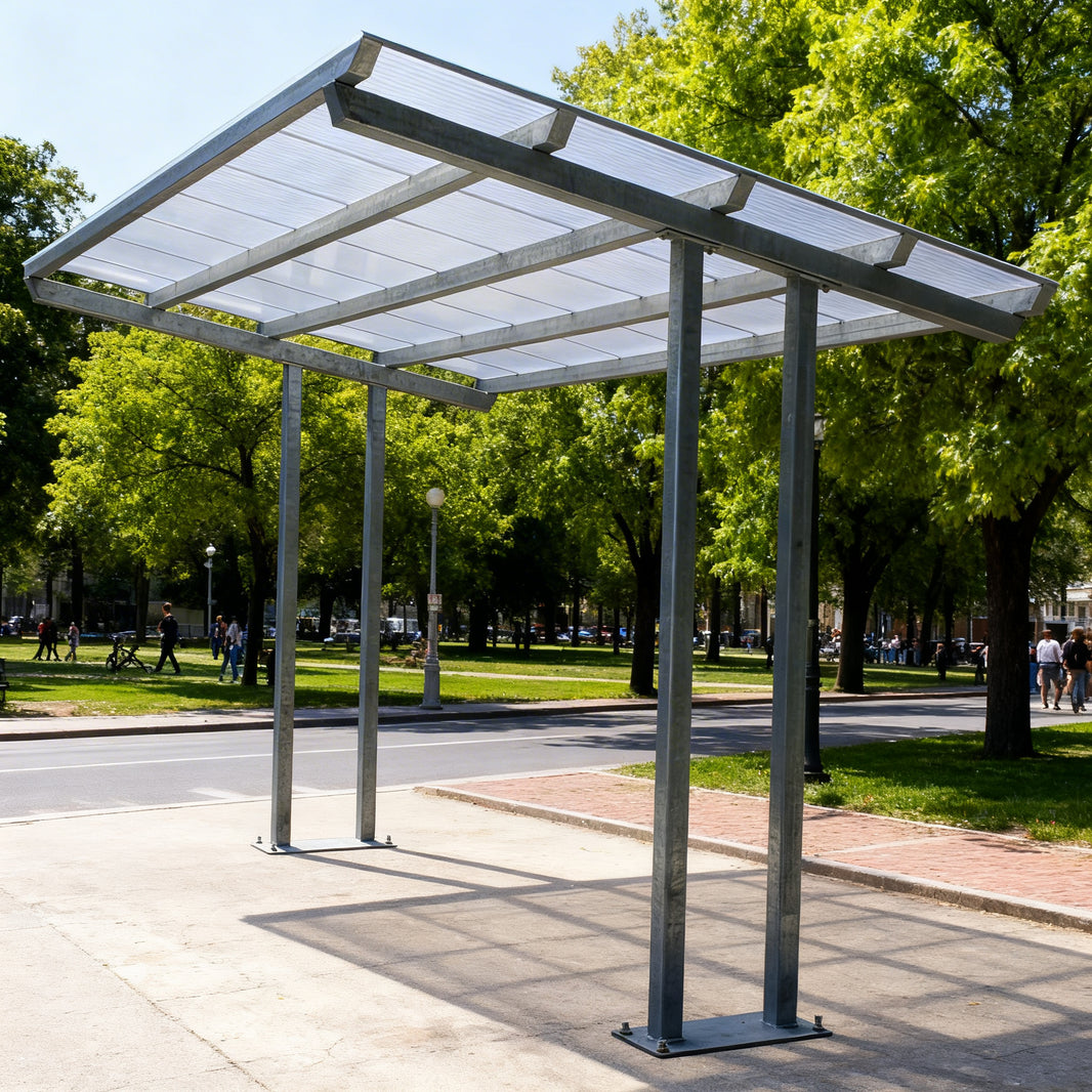 Solar panel canopy on a sidewalk with trees and people in the background