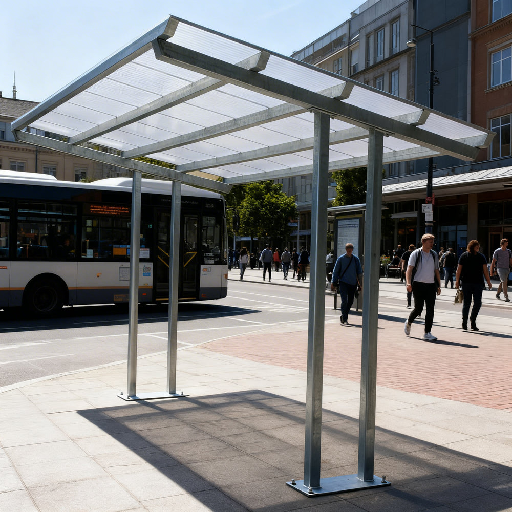 Bus stop with a shelter and people walking on a city street
