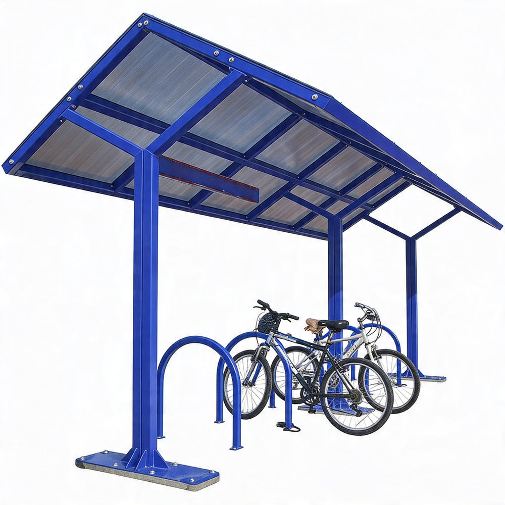 Blue bicycle shelter with multiple bike racks on a white background