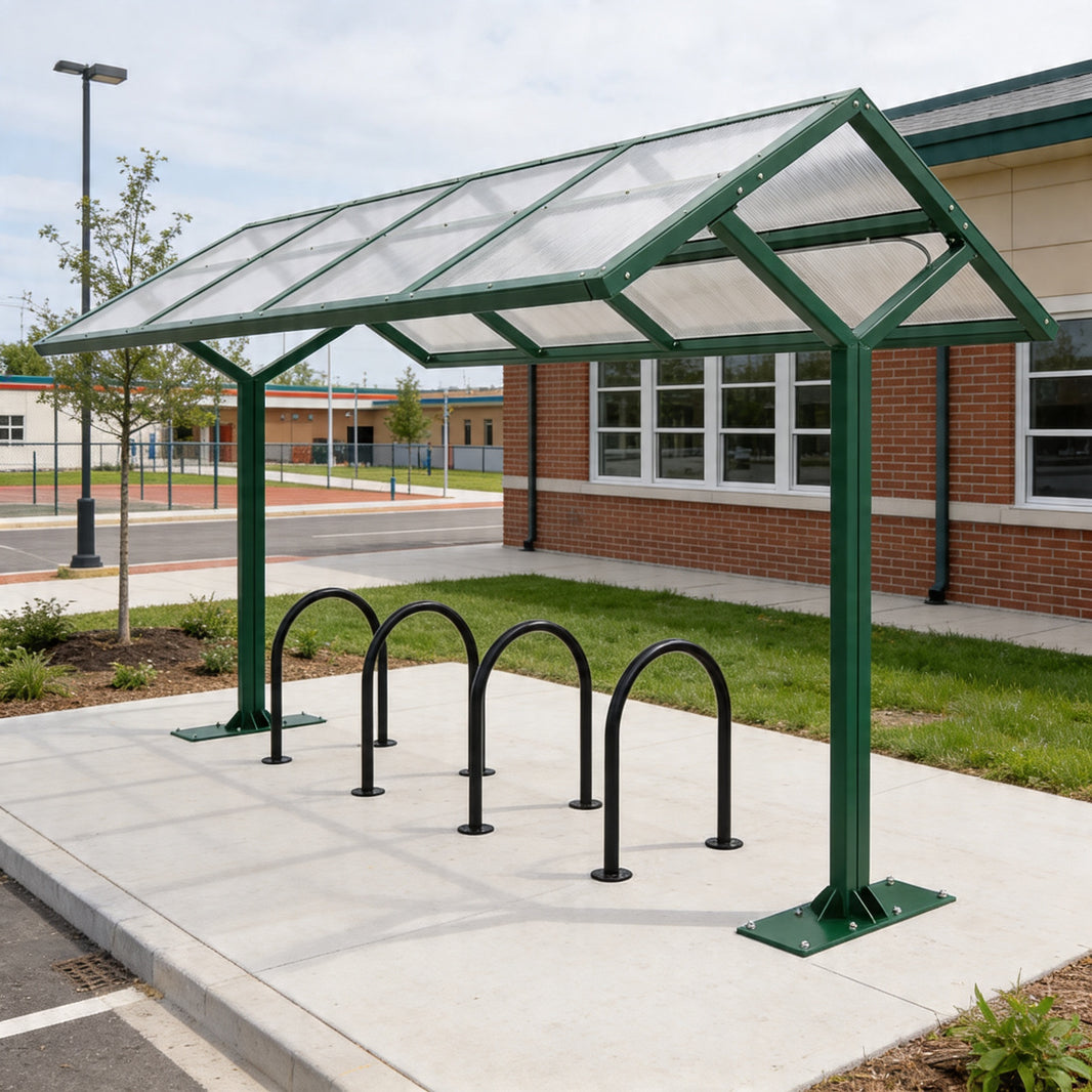 Bicycle shelter with bike racks in front of a building