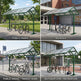 Bicycle racks with canopies in various settings including public parks, schools, public areas/transit hubs, and outdoor gyms/recreational areas.