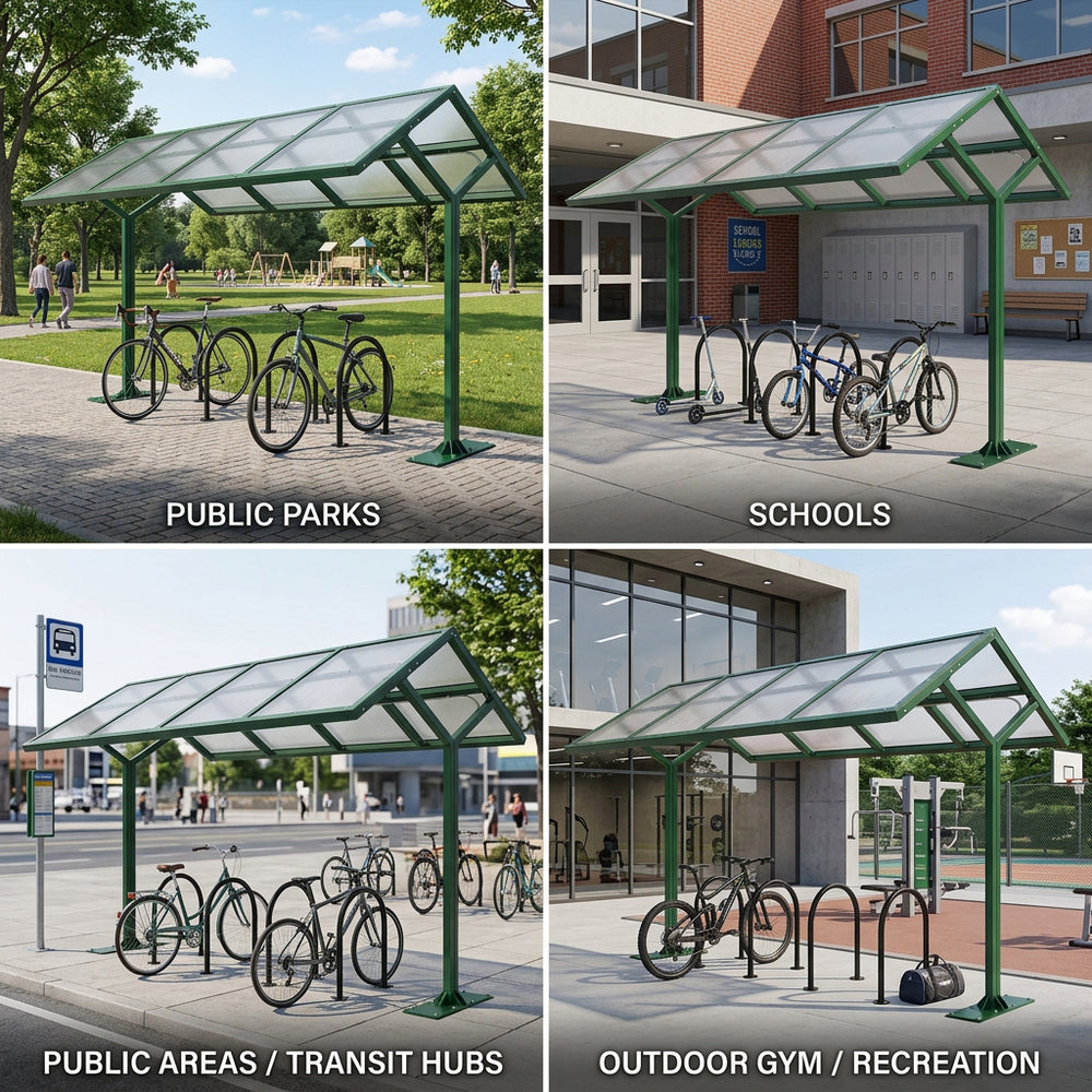 Bicycle racks with canopies in various settings including public parks, schools, public areas/transit hubs, and outdoor gyms/recreational areas.