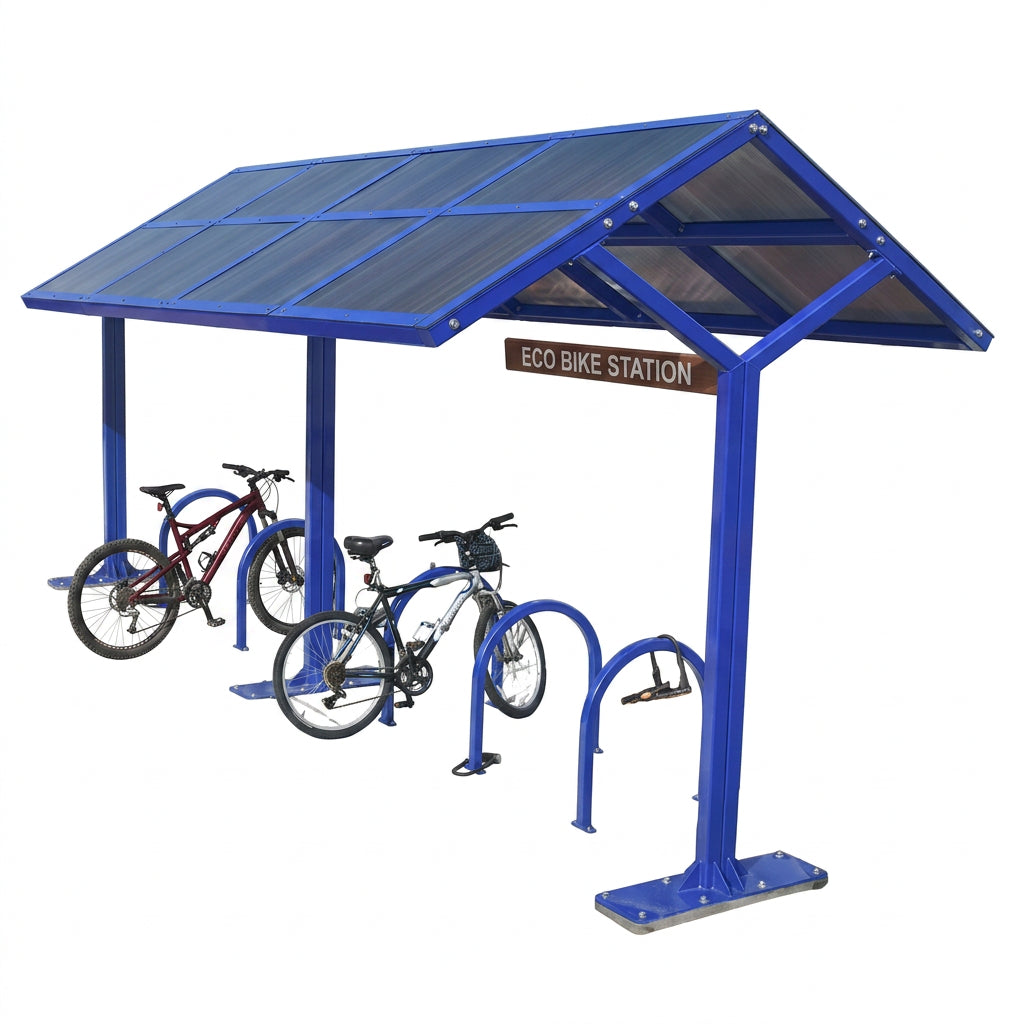 Blue bike shelter with bicycles underneath on a white background