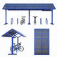 Blue bicycle parking stand with attached bike racks on a white background