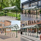 Collage of bike shelters in various settings including a school, high school, and urban area.