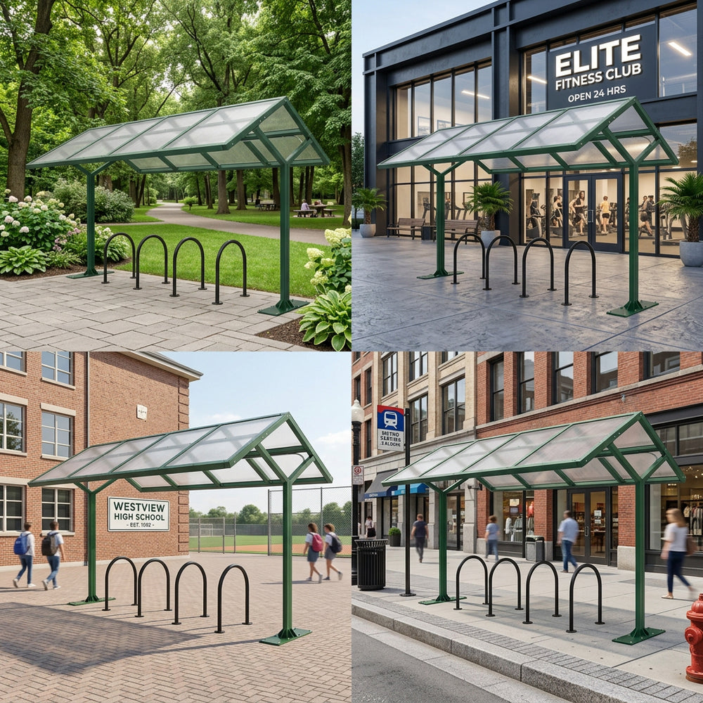 Collage of bike shelters in various settings including a school, high school, and urban area.