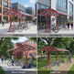 Bicycle parking shelters in various locations including a public area, gym exterior, school campus, and public park.