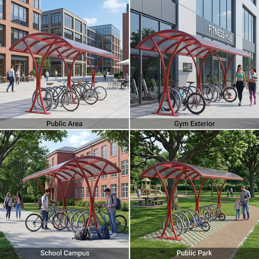 Bicycle parking shelters in various locations including a public area, gym exterior, school campus, and public park.