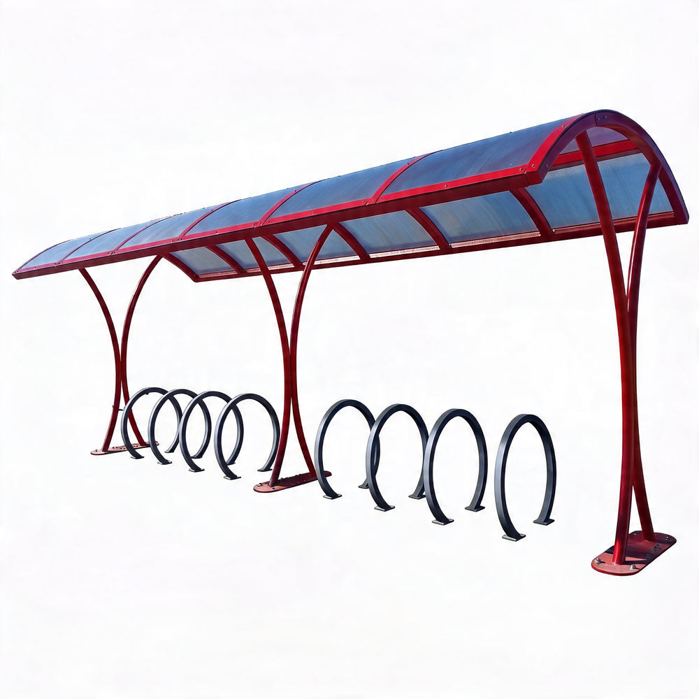 Red bicycle shelter with multiple bike racks on a white background