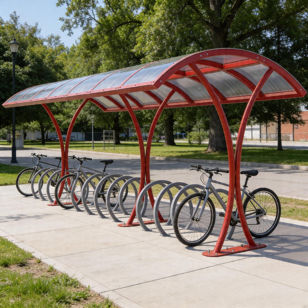Red bicycle shelter with multiple bikes parked underneath in a park setting.