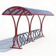 Red bicycle shelter with multiple bike racks on a white background