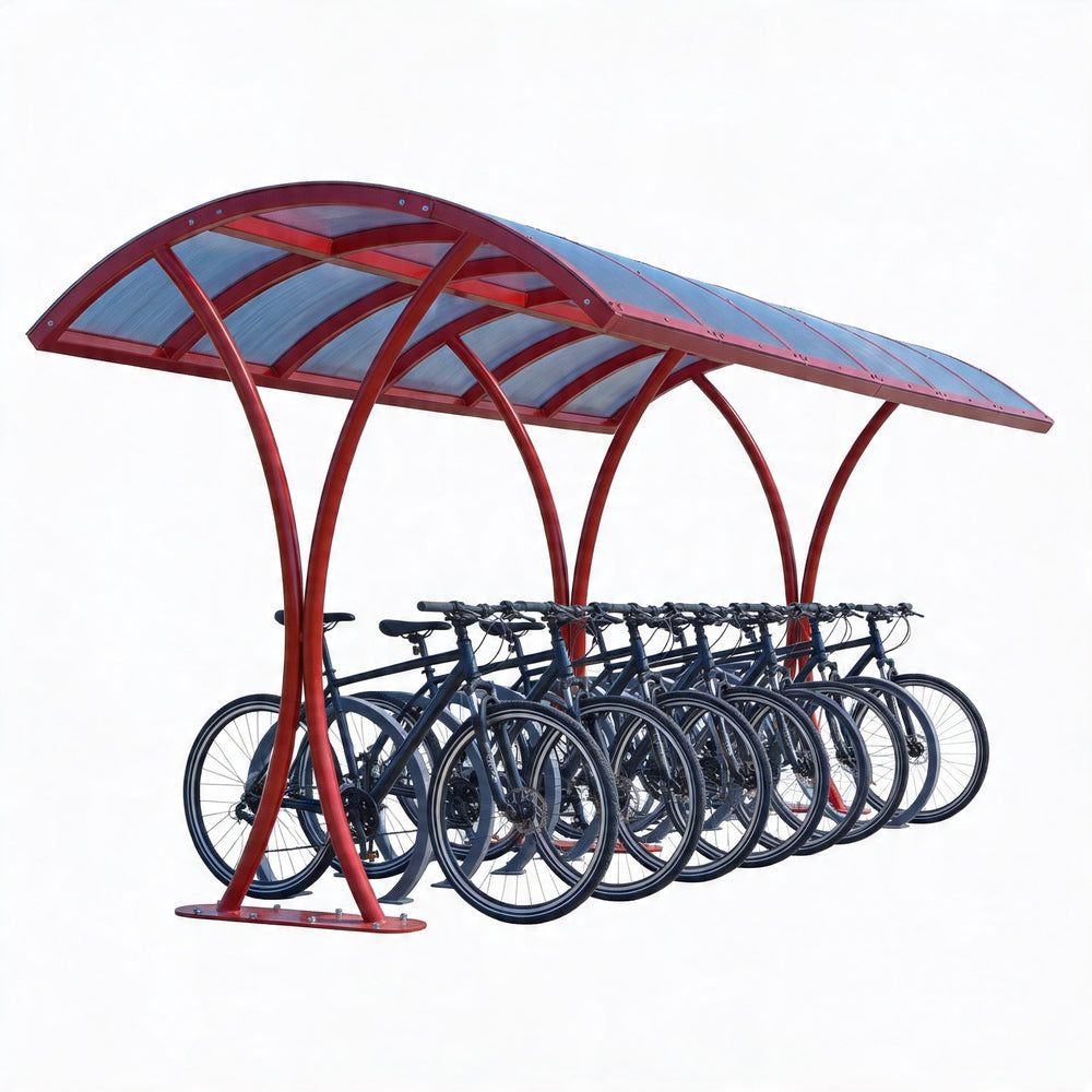 Red bicycle shelter with multiple bicycles underneath on a white background