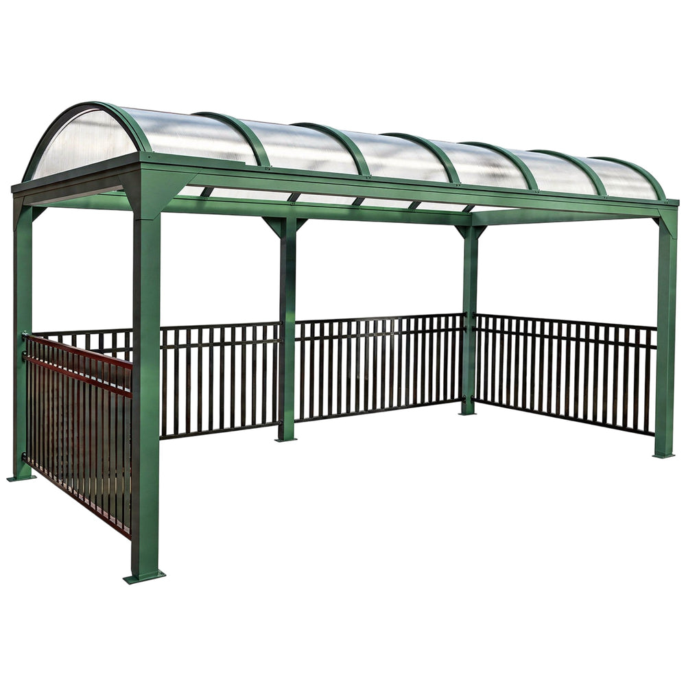 Green metal bus shelter with transparent roof on a white background