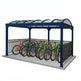 Bicycle parking shelter with multiple bicycles inside on a white background