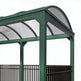 Green metal gazebo with a curved roof on a white background