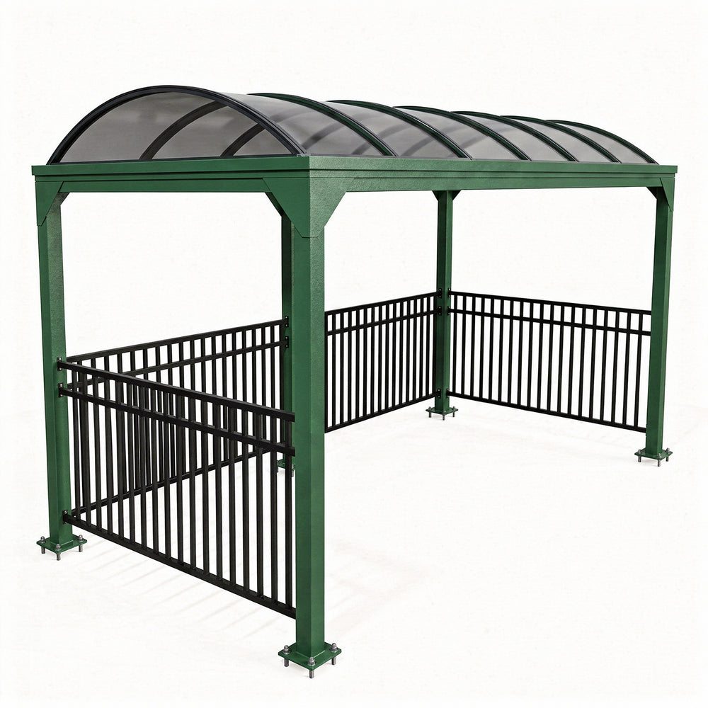 Green metal gazebo with a transparent roof on a white background