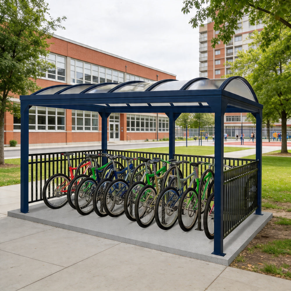 Bicycle rack with multiple bicycles in front of a building