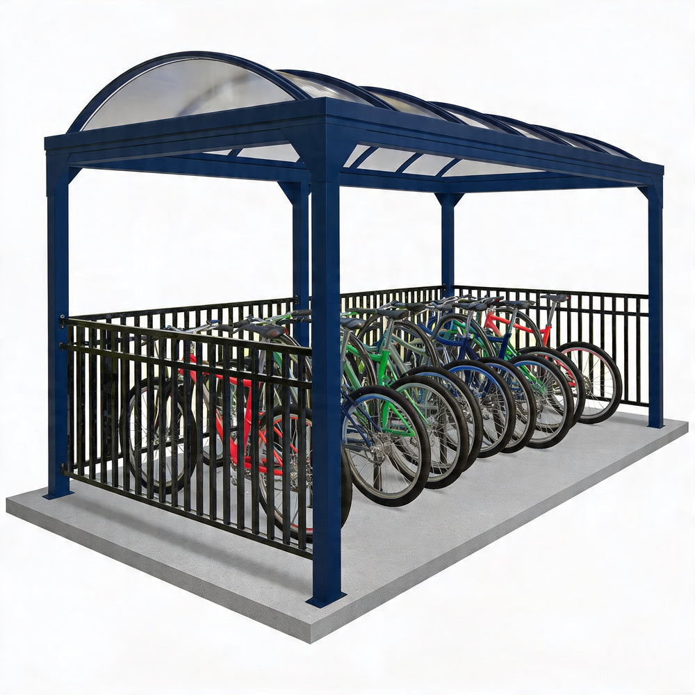 Bicycle parking shelter with multiple bicycles inside on a white background
