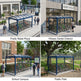 Four different locations with blue bike shelters: public retail plaza, fitness center exterior, school campus, and public park.