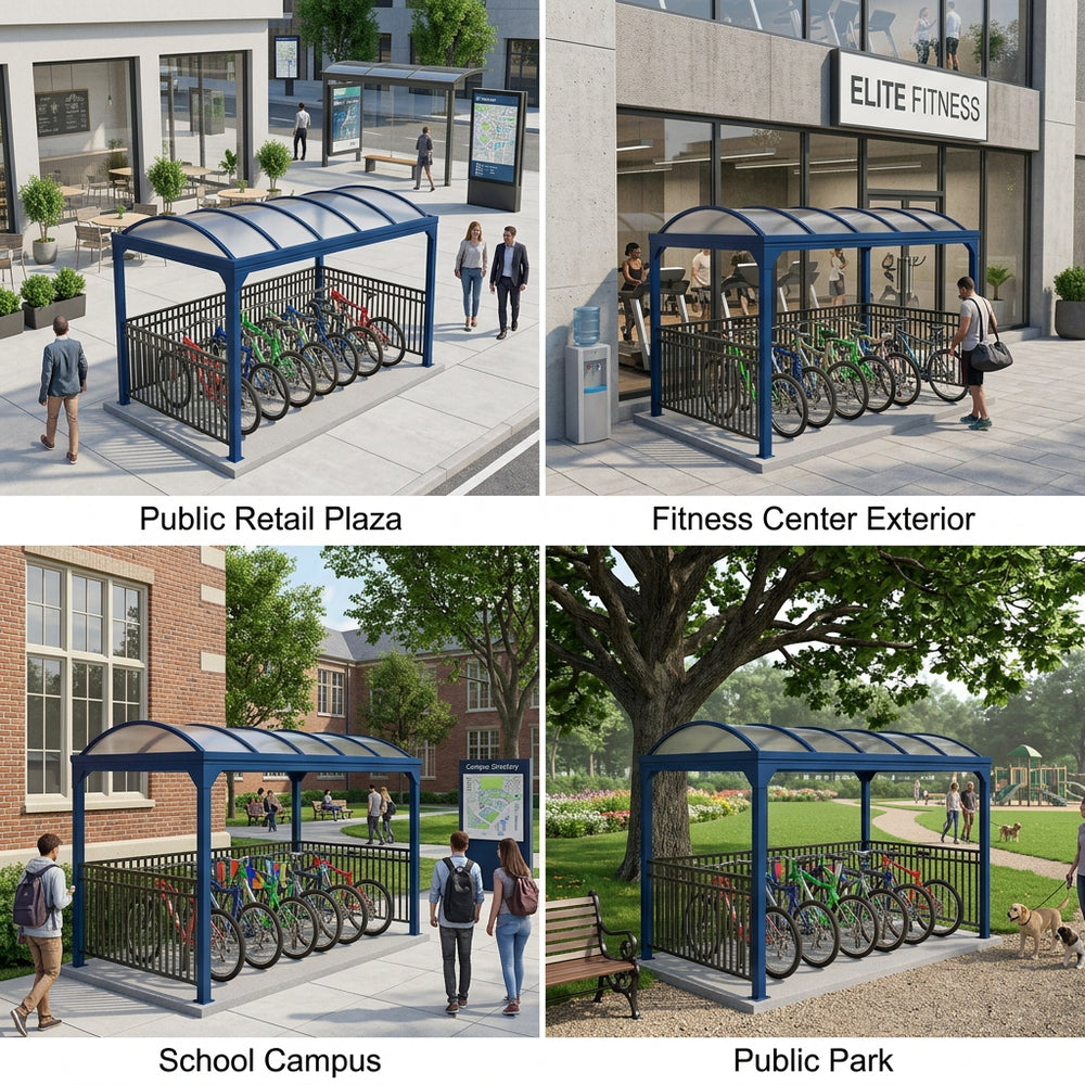 Four different locations with blue bike shelters: public retail plaza, fitness center exterior, school campus, and public park.