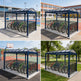 Four views of a blue bicycle shelter with multiple bicycles parked underneath, set against different outdoor backgrounds.