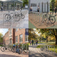 Bicycle racks in various outdoor settings including a building entrance, fitness area, and park.