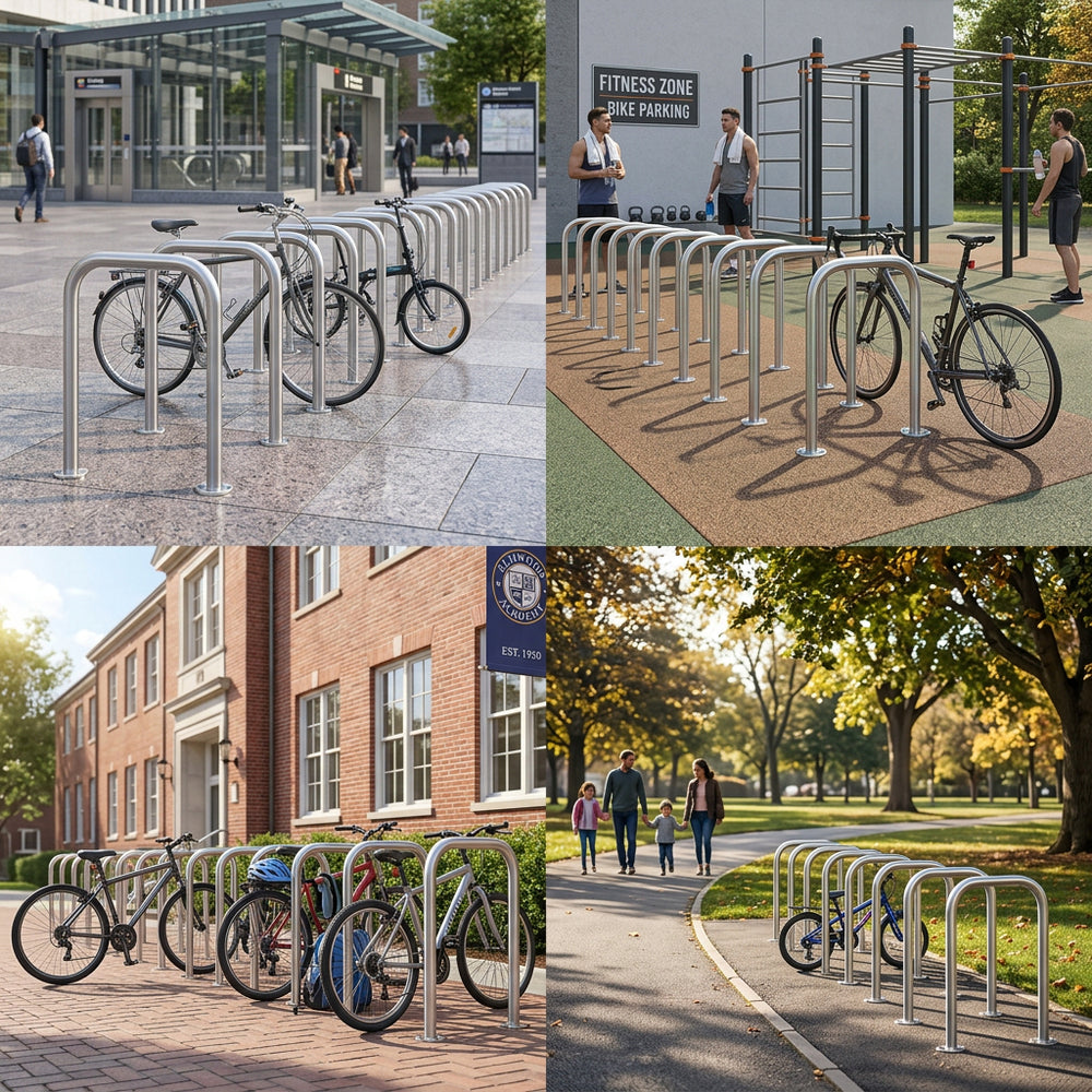 Bicycle racks in various outdoor settings including a building entrance, fitness area, and park.