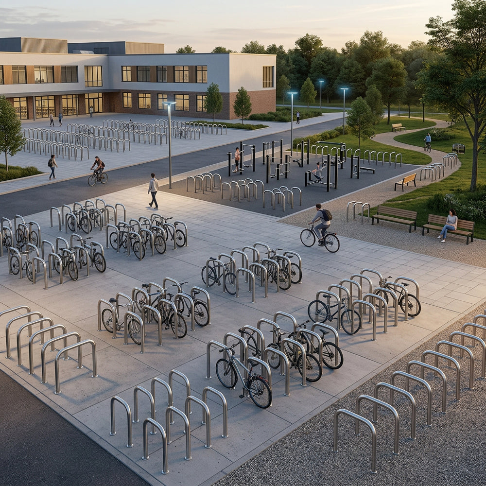 Bicycle parking area with people around a building in an urban setting