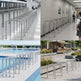Collage of metal bike racks in various settings including a train station, poolside, and outdoor area.