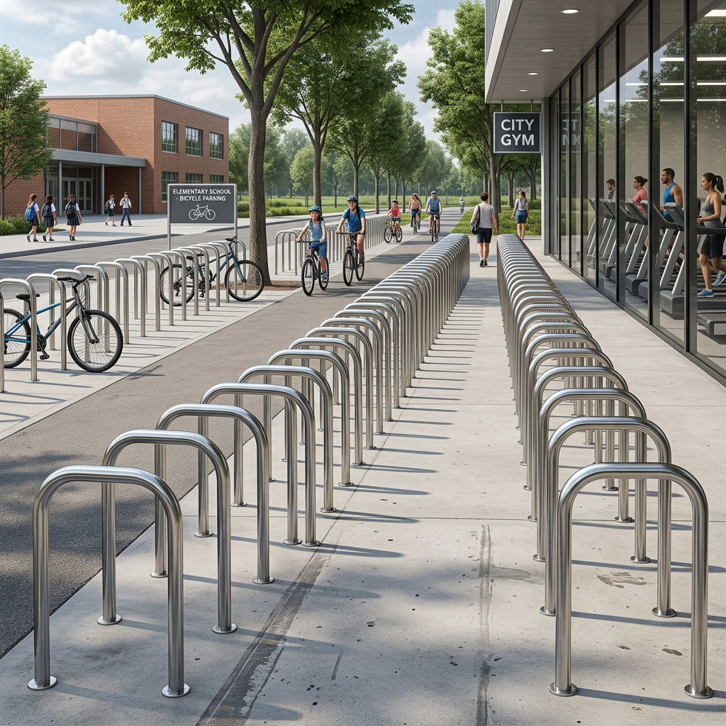 Bicycle racks along a sidewalk with people walking and biking in an urban setting.