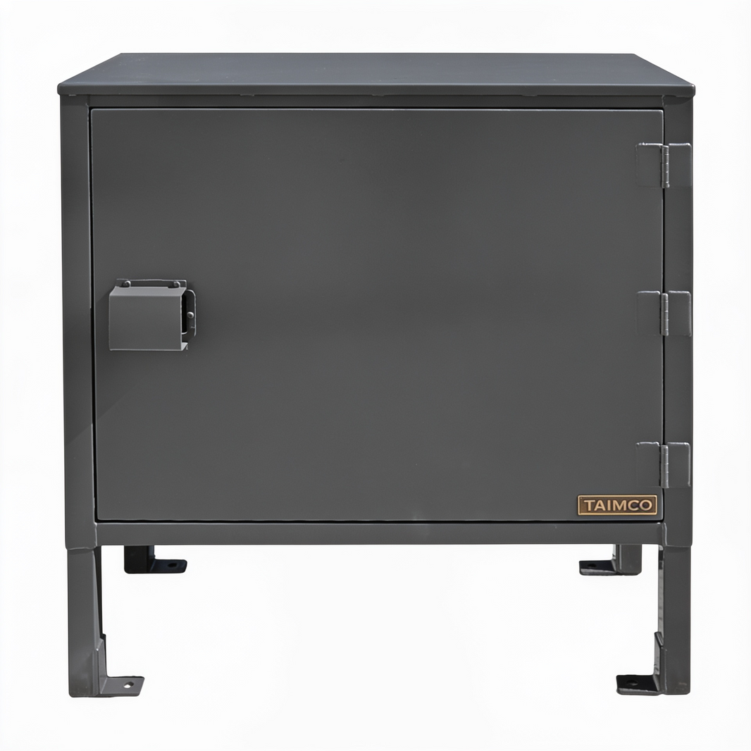 Dark gray metal cabinet with 'Taimco' branding on a white background