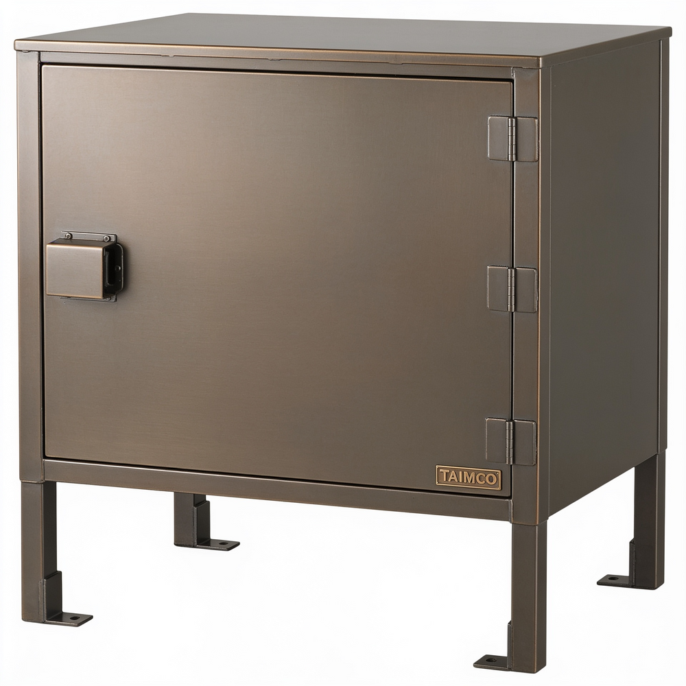 Bronze-colored metal cabinet with 'Taimco' branding on a white background