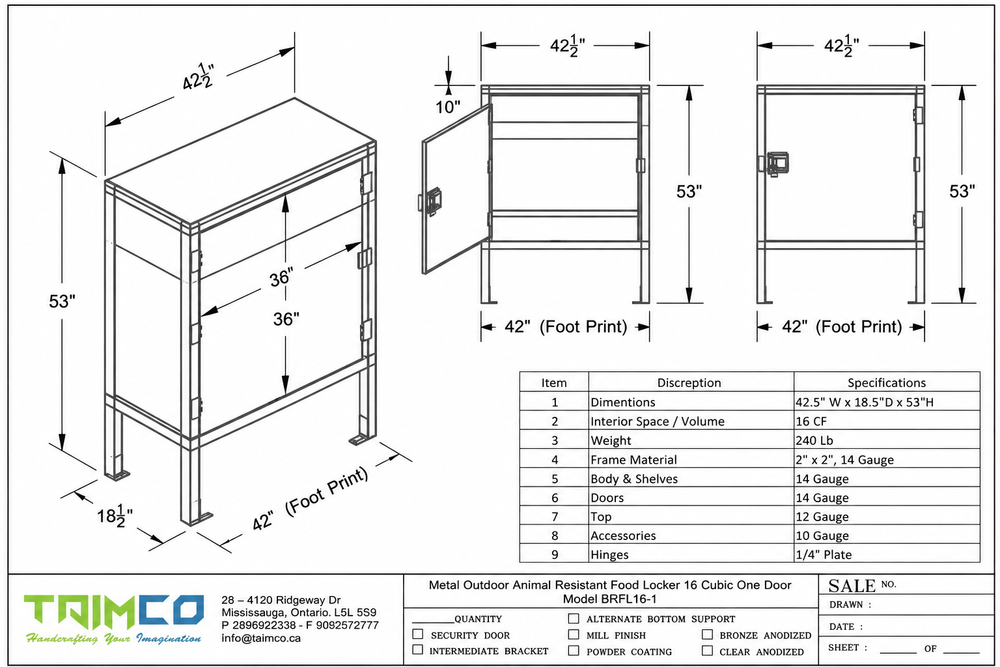 Technical drawing of a metal outdoor animal shelter with dimensions and specifications.