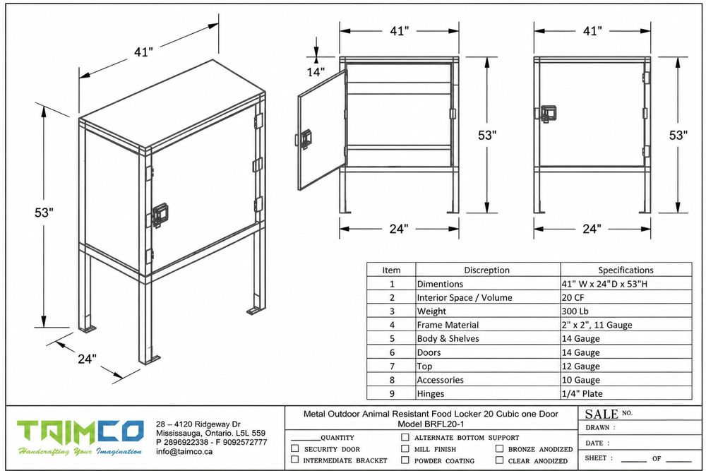 Technical drawing of a metal outdoor animal enclosure with dimensions and specifications.