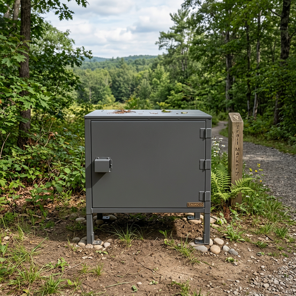 Gray metal cabinet in a forest setting with a trail sign in the background