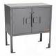 Gray metal cabinet with two doors on a white background