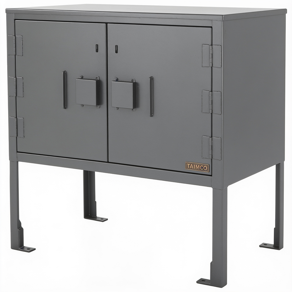 Gray metal cabinet with two doors on a white background