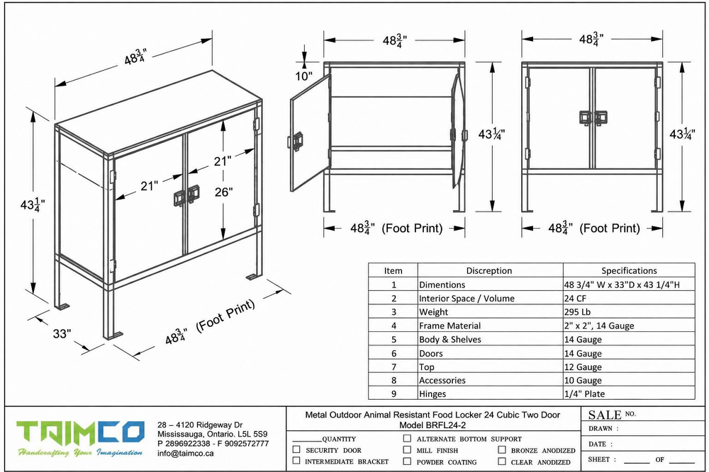 Technical drawing of a metal outdoor animal restraint locker with dimensions and specifications.