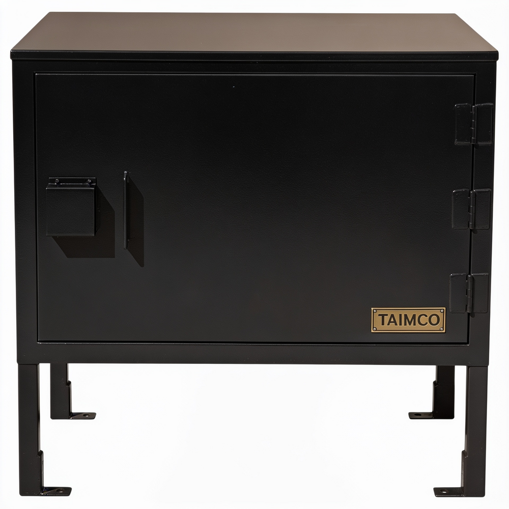 Black metal cabinet with 'Taimco' branding on a white background