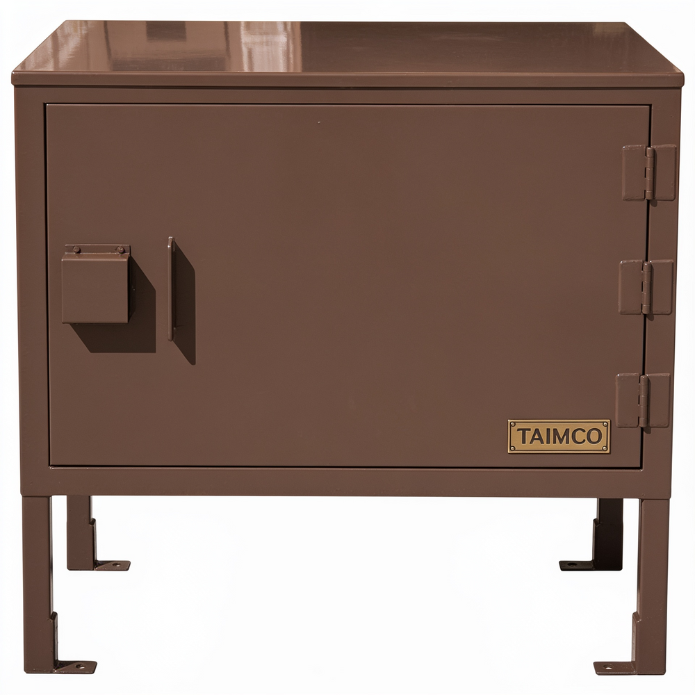 Brown metal cabinet with 'Taimco' branding on a white background