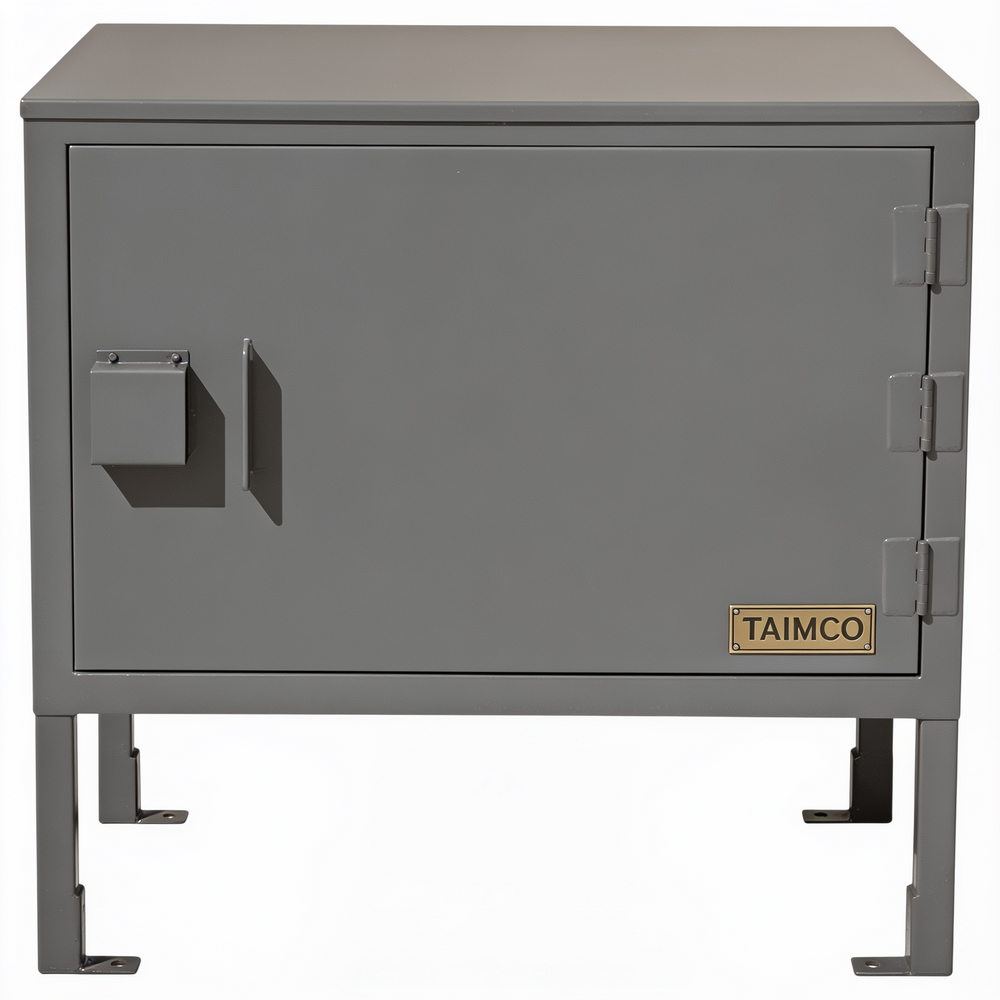 Gray metal cabinet with 'Taimco' branding on a white background